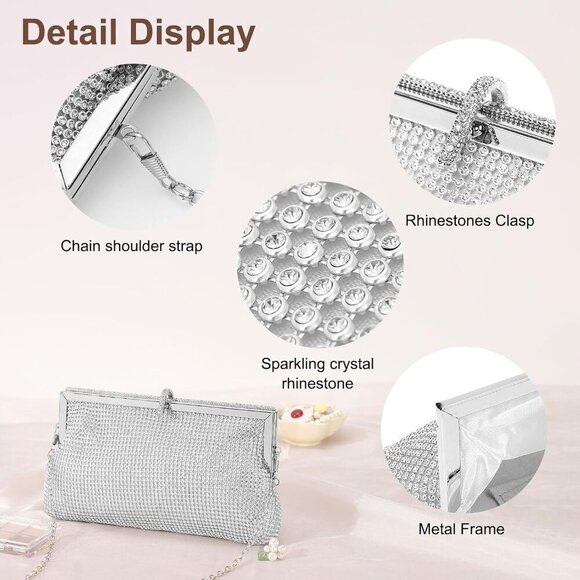 🆕Women Silver Polyester Crystal Rhinestone Evening Clutch Purse Crossbody - Picture 3 of 7